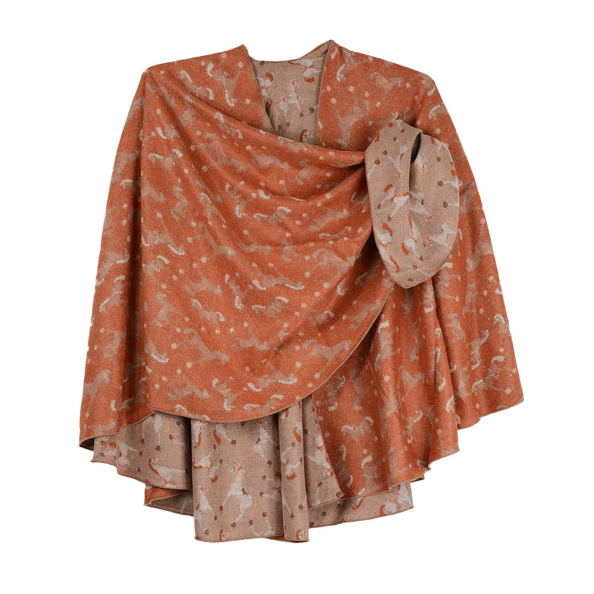 Rapti 100% Cashmere Horses Print Reversible Loop Shawl (#134) ORNG - Image 2