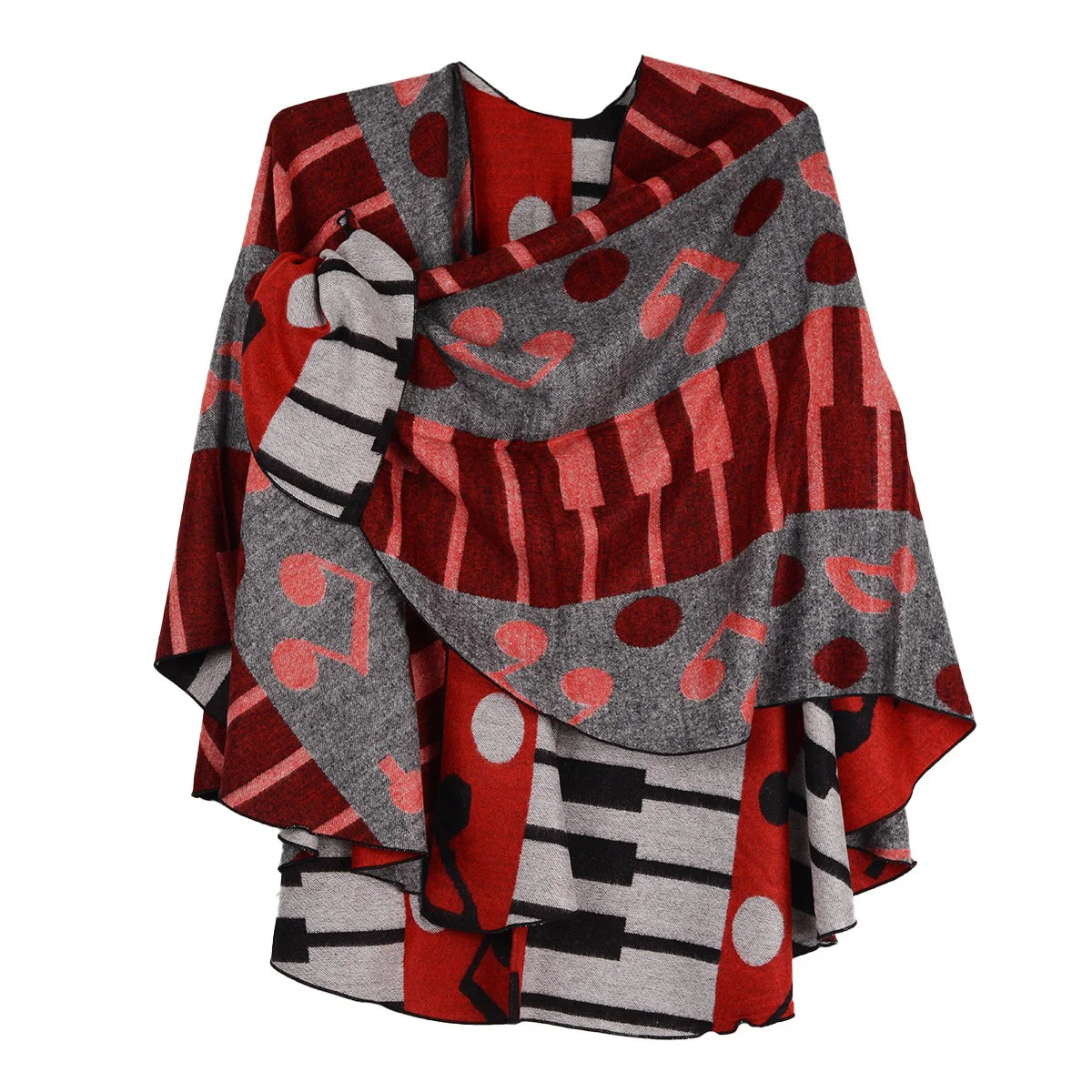 Rapti 100% Cashmere Keyboard/Notes Reversible Loop Shawl (#56) BLK/RED - Image 2