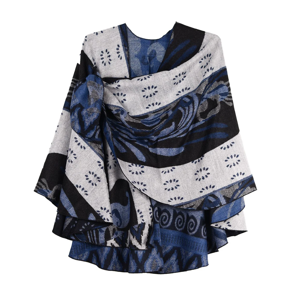 Rapti 100% Cashmere Reverse Loop Shawl (#31) BLU/BLK/WHT - Image 2