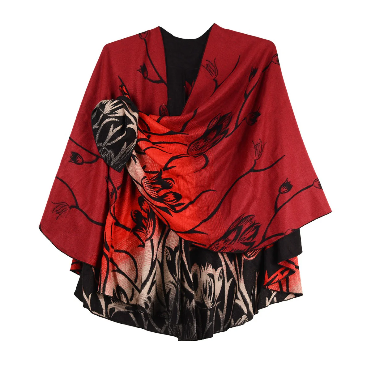 Rapti 100% Cashmere Reverse Loop Shawl (#39) RED/BLK/WHT TULIP - Image 2