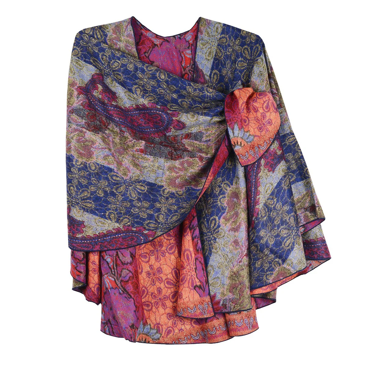Rapti 100% Cashmere Reversible Loop Shawl (#2) FUCHSIA/CORAL-BLU/LTBLU - Image 2
