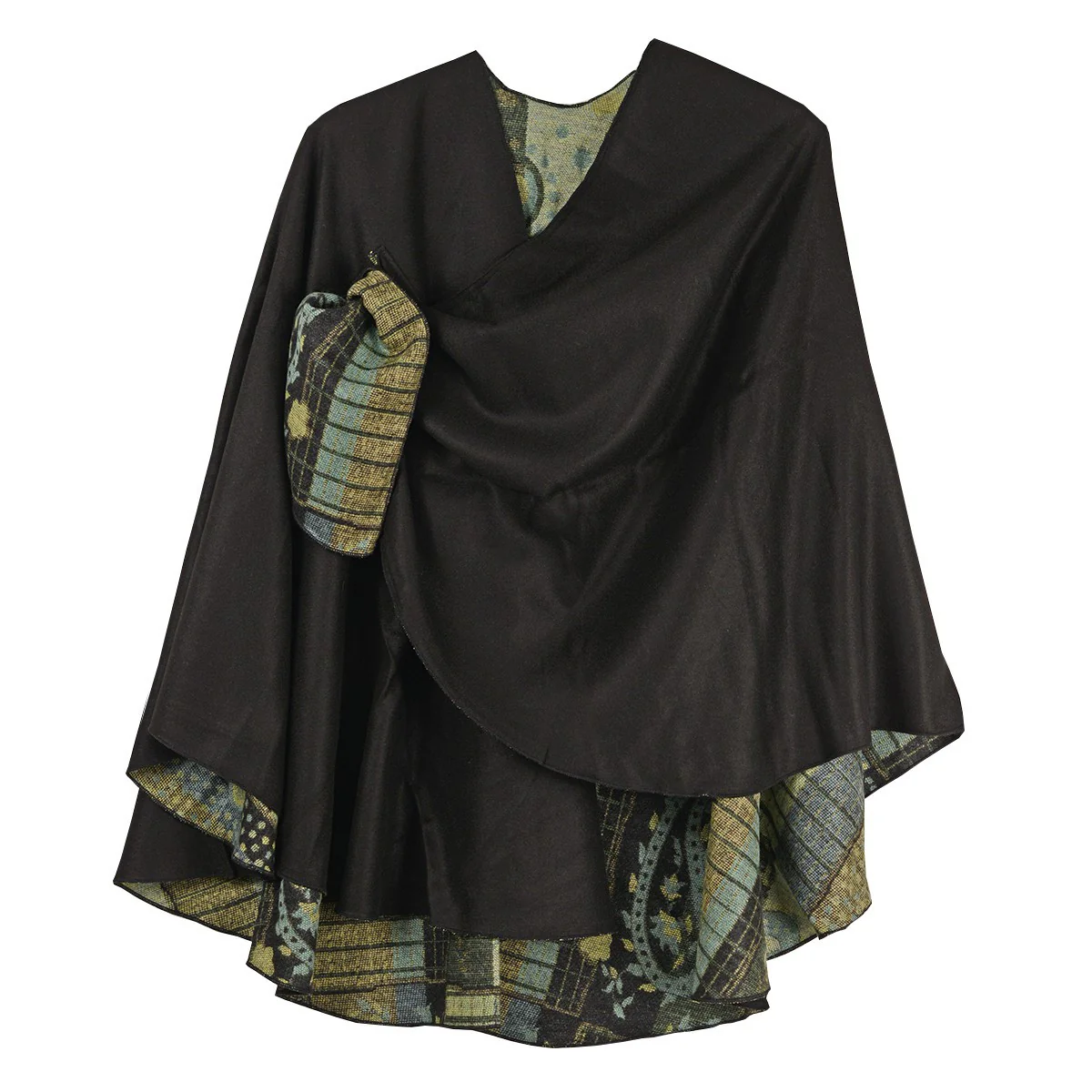 Rapti 100% Cashmere Solid/Print Reversible Loop Shawl (#502) BLK/NEUT/BLU - Image 2