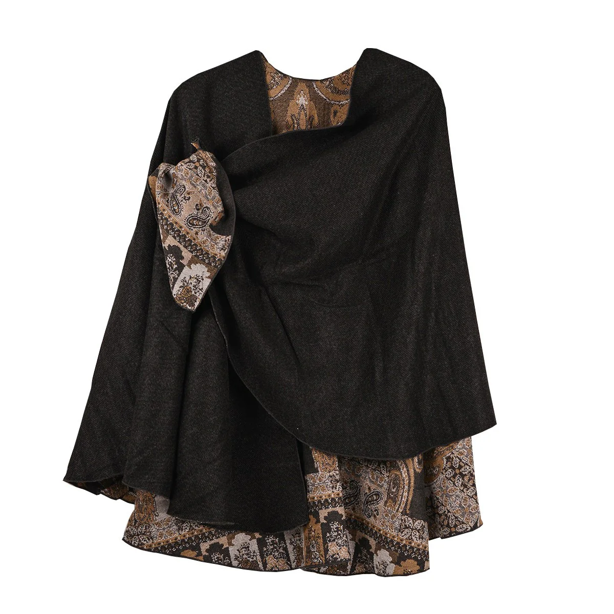 Rapti 100% Cashmere Solid/Print Reversible Loop Shawl (#505) BLK/NEUT - Image 2