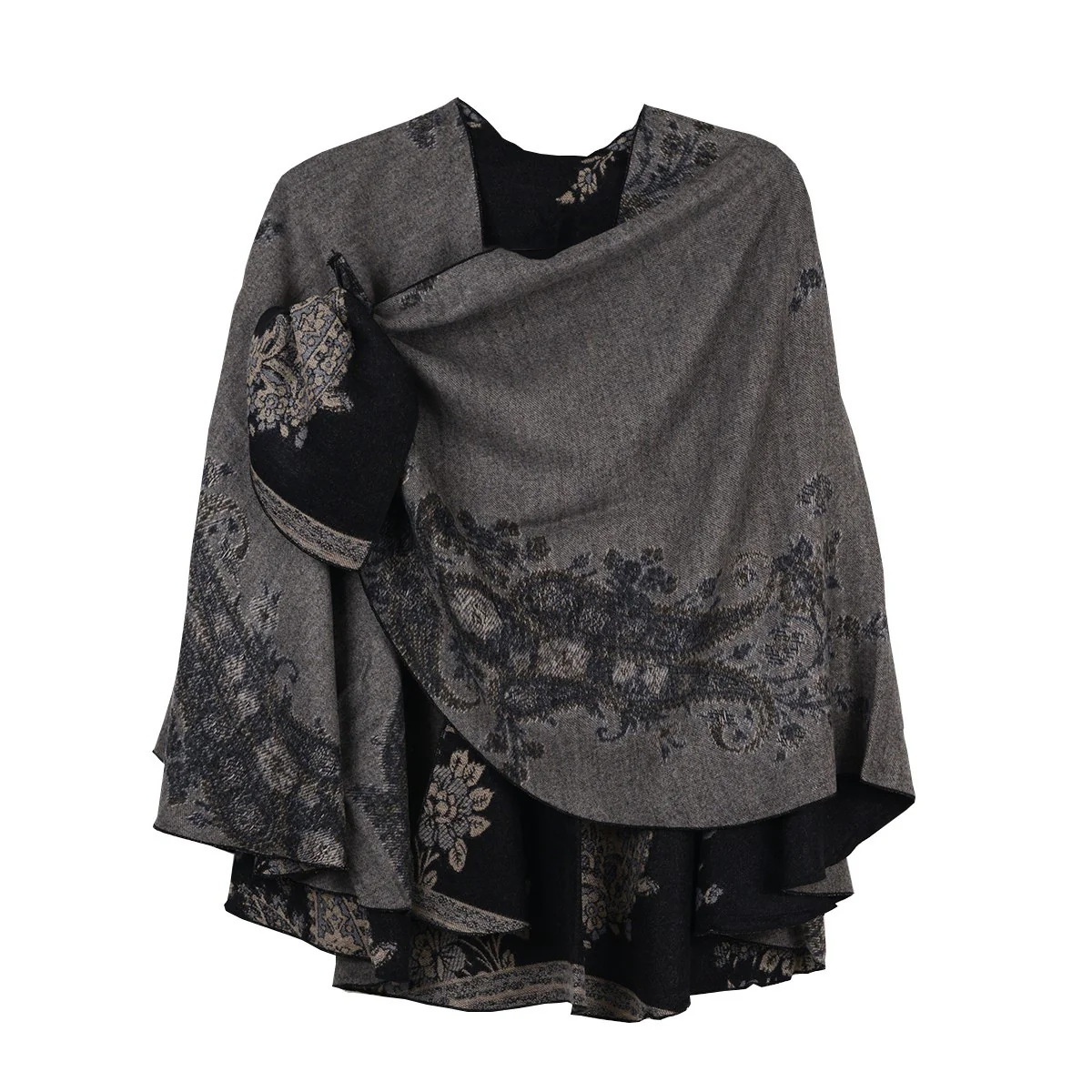 Rapti 100% Cashmere Reversible Loop Shawl (#70) BLK/GRY/TAN - Image 2