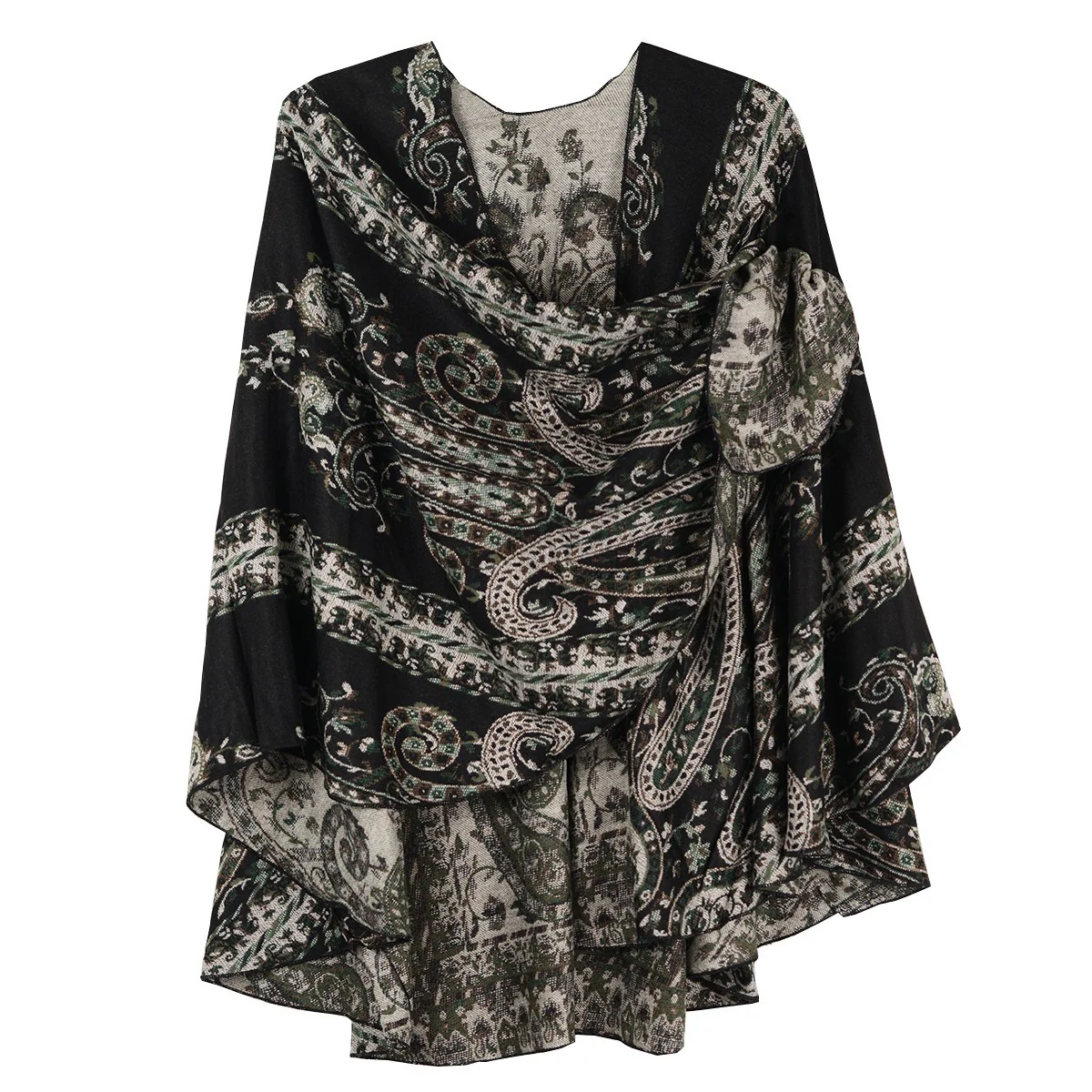 Rapti 100% Cashmere Reversible Loop Shawl (#75) (Black, white, green) - Image 2
