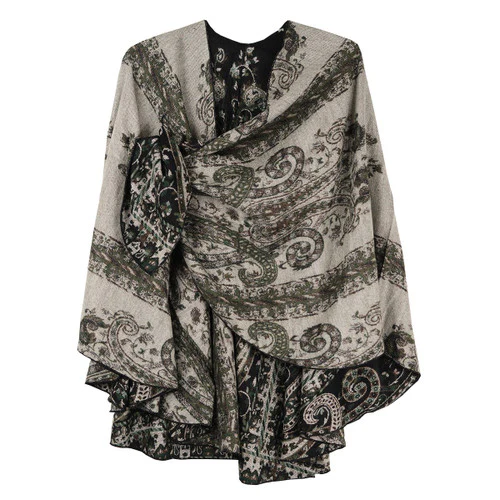 Rapti 100% Cashmere Reversible Loop Shawl (#75) (Black, white, green) - Image 3