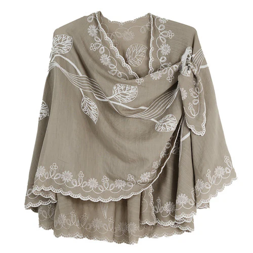 Rapti Embroidered Cotton Loop Shawl (#1) (KHAKI) - Image 2