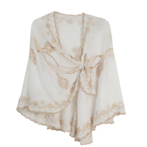 Rapti Embroidered Cotton Loop Shawl (#2) (WHT/KHAKI) - Image 2