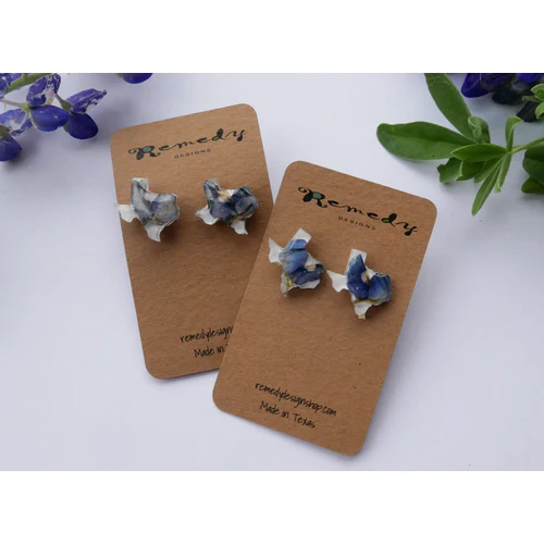 Remedy Designs Texas Shaped Pressed Bluebonnet Stud Earrings - Image 4