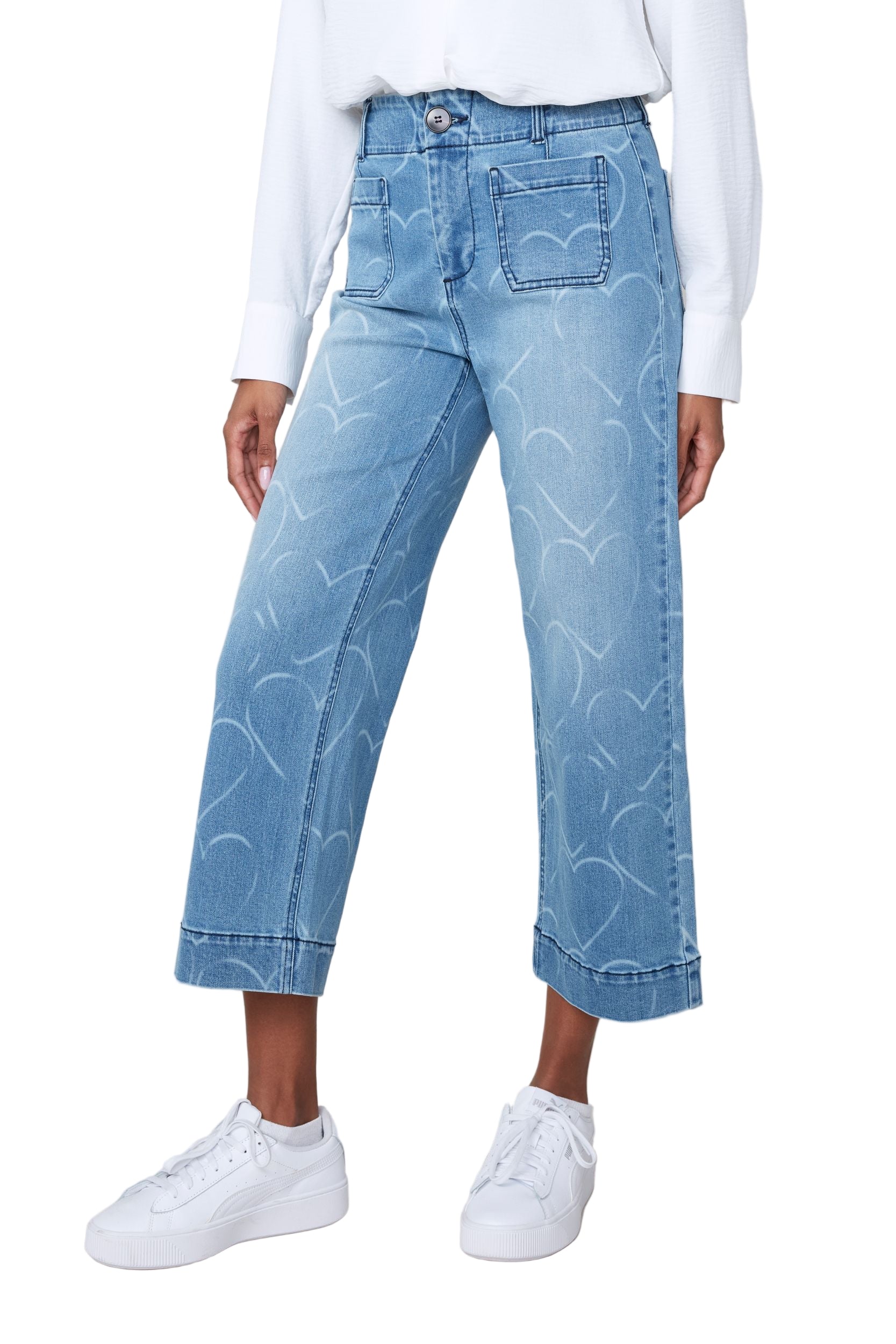 Renuar Patch Pocket Heart Print Wide Leg Crop Jeans (BLUWASH) - Image 3