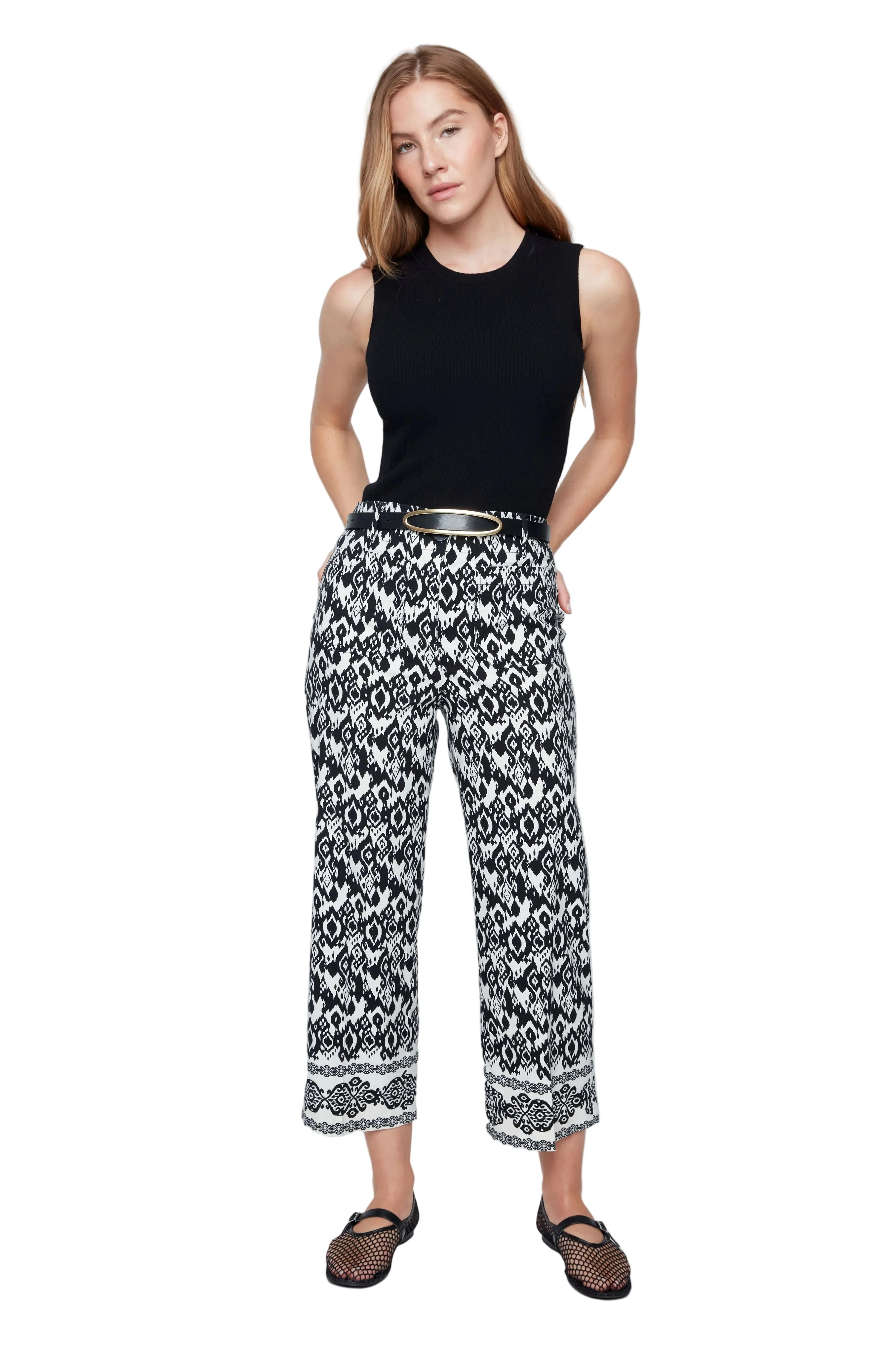 Renuar Woven Border Print Linen Blend  Crop  Pant (R11052)(Black Combo) - Image 3