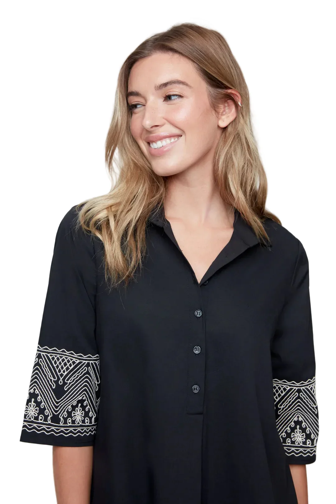 Renuar Embroidered Woven Short Sleeve Dress (R4343-790)(Black) - Image 4