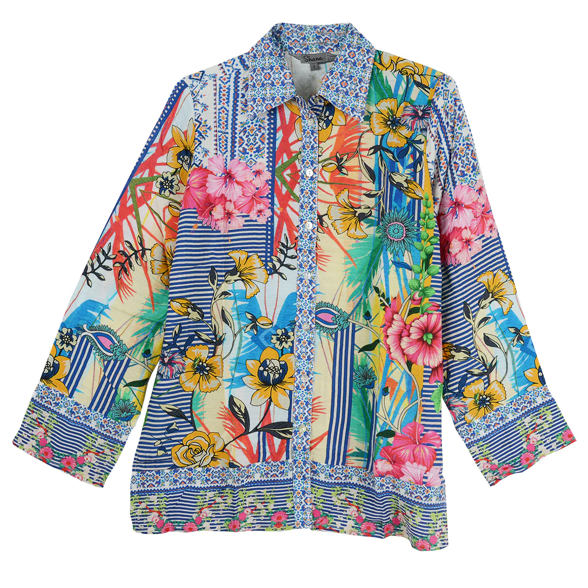 Shana Linen Viscose Floral and Stripes Print Button Front Blouse (246416)
