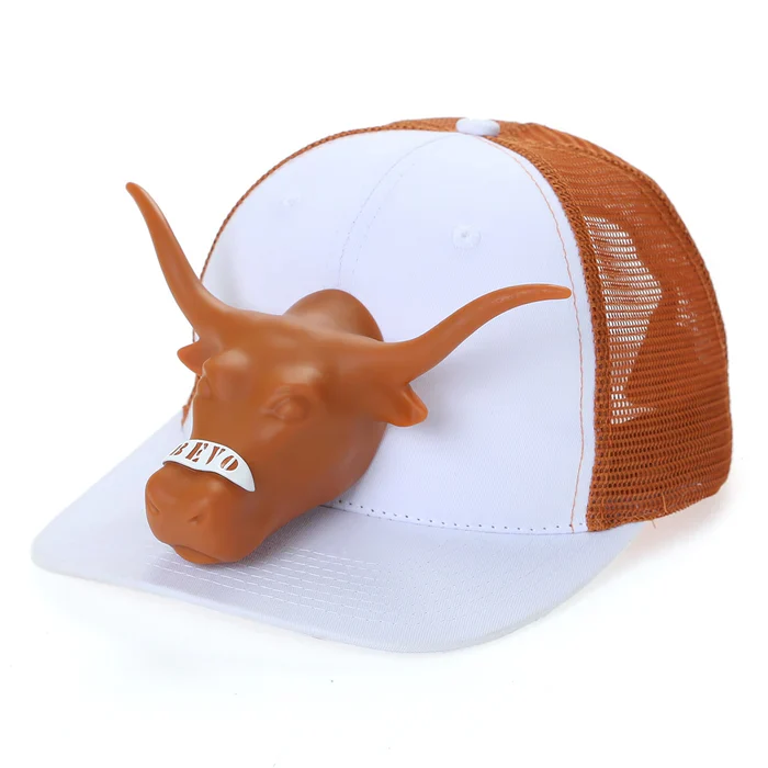 Hatscot Texas Longhorn 3D Horns Up White with Burnt Orange Mesh Trucker Cap