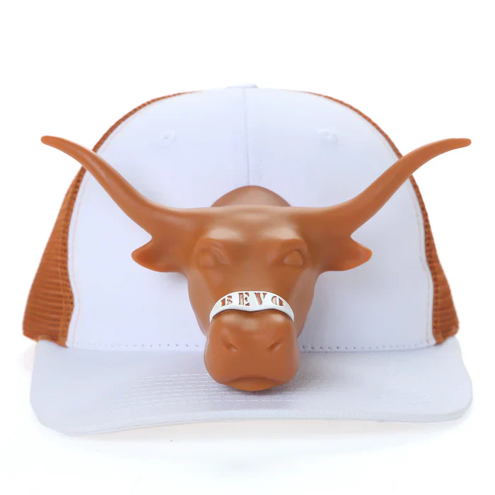 Hatscot Texas Longhorn 3D Horns Up White with Burnt Orange Mesh Trucker Cap - Image 2
