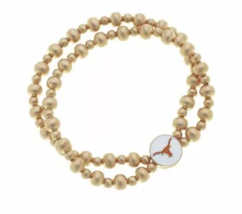 Texas Longhorn Canvas Enamel Medallion Satin Ball Bead 2 Row Stretch Bracelet (GLD)(25279B-TEX)