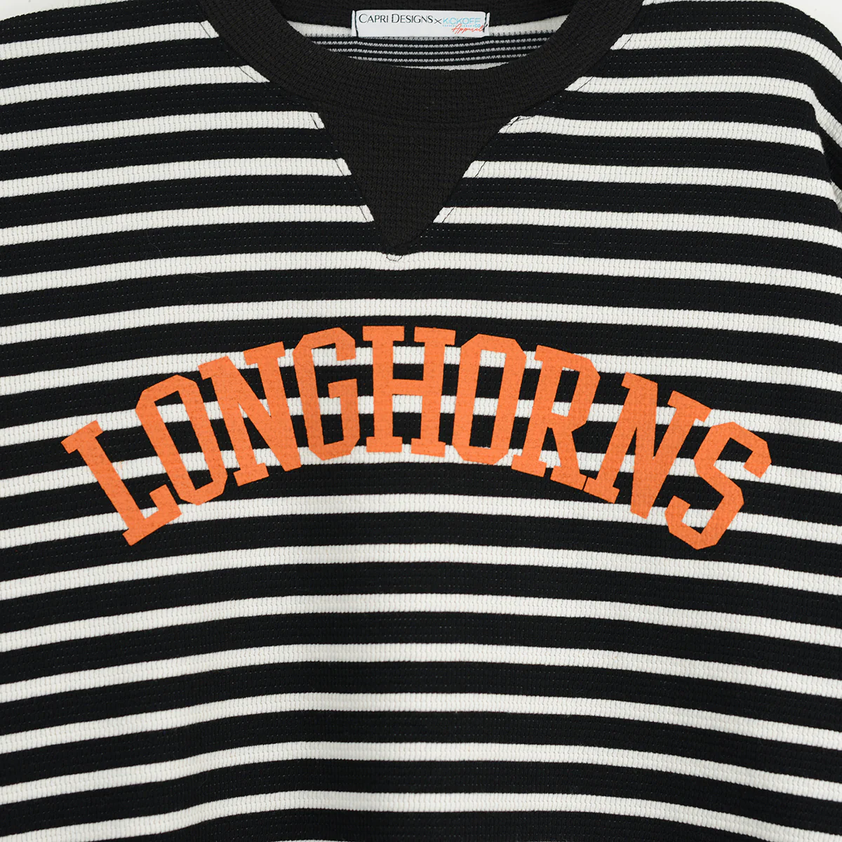 Texas Longhorn Capri Designs Yard Line Striped Waffle Knit Crewneck Pullover (K400TEX25) - Image 2