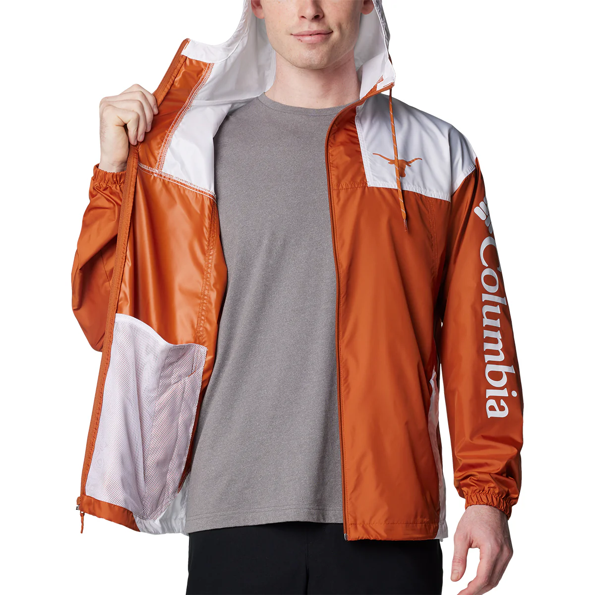 Texas Longhorn Columbia Men's Flash Challenger ll Hooded Windbreaker Jacket (CEDAR/WHT) - Image 4