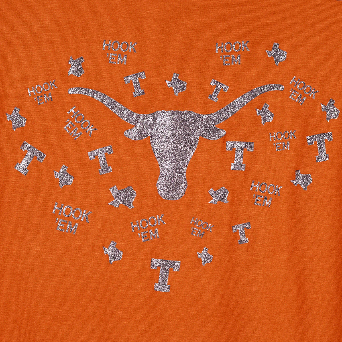 Texas Longhorn Flying Colors Ladies Scarlet Scoop Neck Glitter Tee (BurntOrange) - Image 2