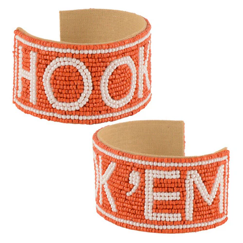 Texas Longhorn HOOK 'EM Beaded Cuff Bracelet (CFTEX) BO/WHT - Image 2