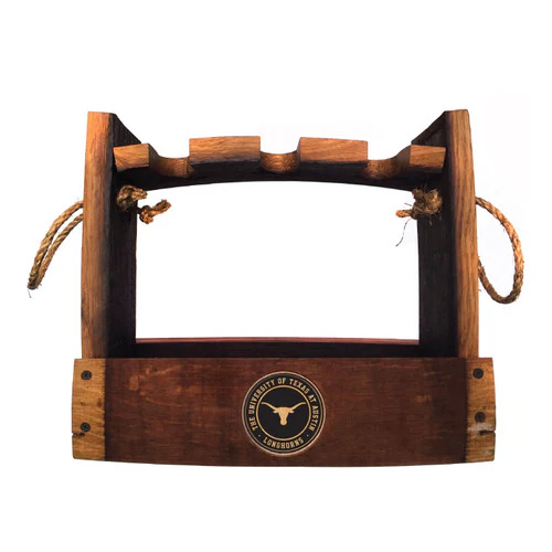 Texas Longhorn Medallion Barrel Wood Wine Bottle Caddy (UTX-WBC) - Image 2