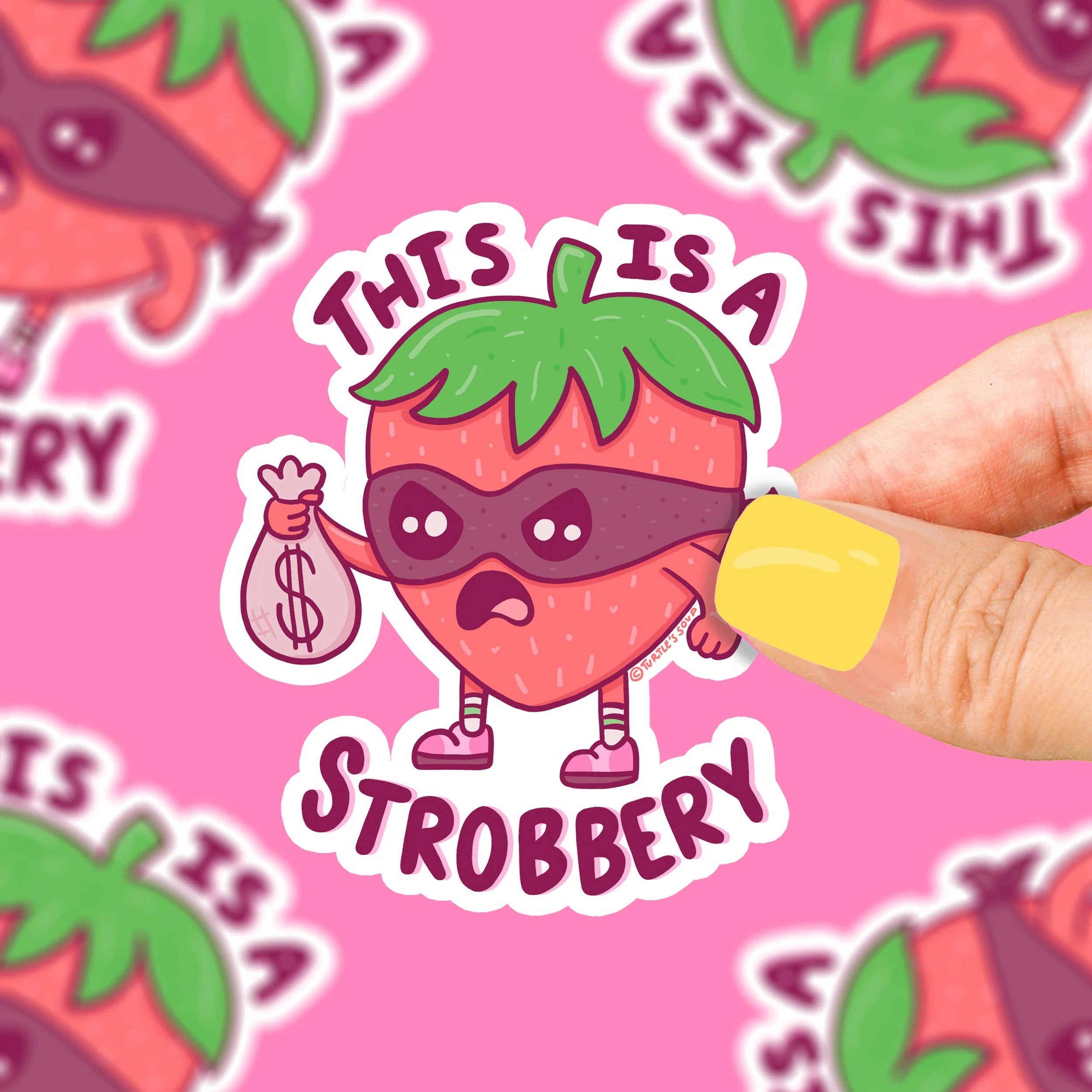 This is a Strobbery Strawberry Robber Fruit Vinyl Sticker