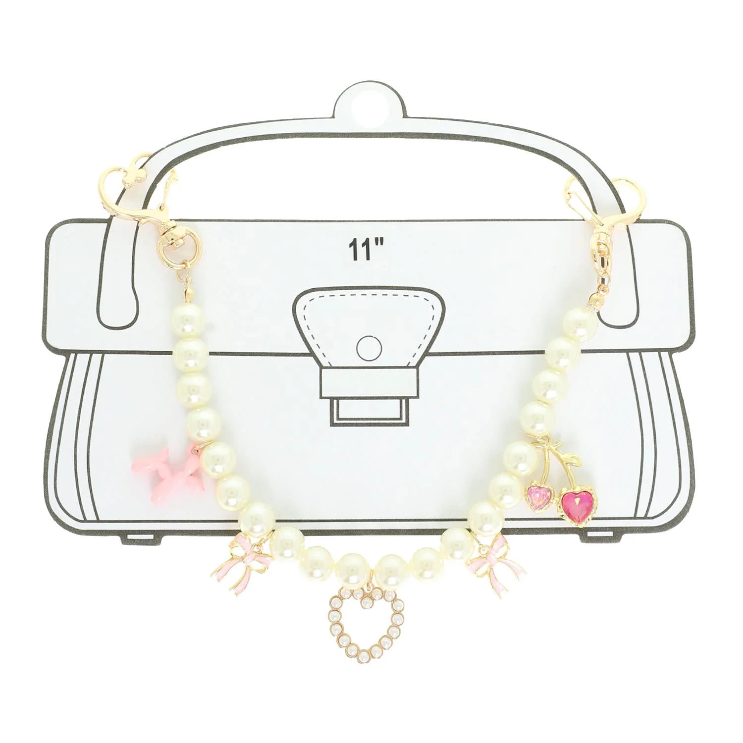 Whimsical Pink Enamel Pearl Bag Charm Chain with Heart Clasp - Image 2