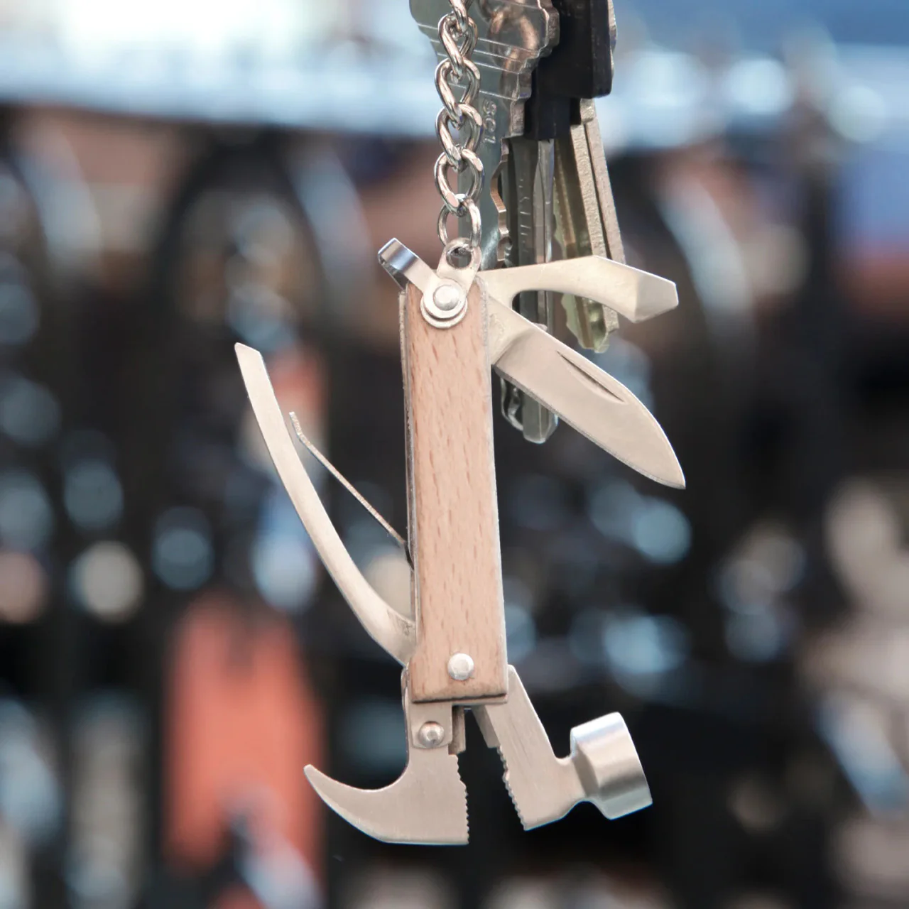 Kikkerland Wood Mini Hammer Multi-Tool Keyring